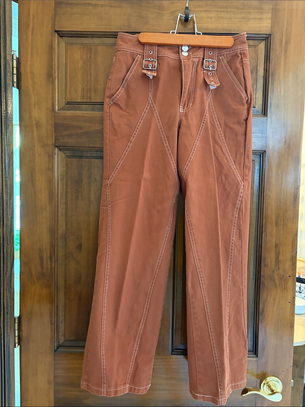 High-Rise Rust Straight-Leg Women's Pants